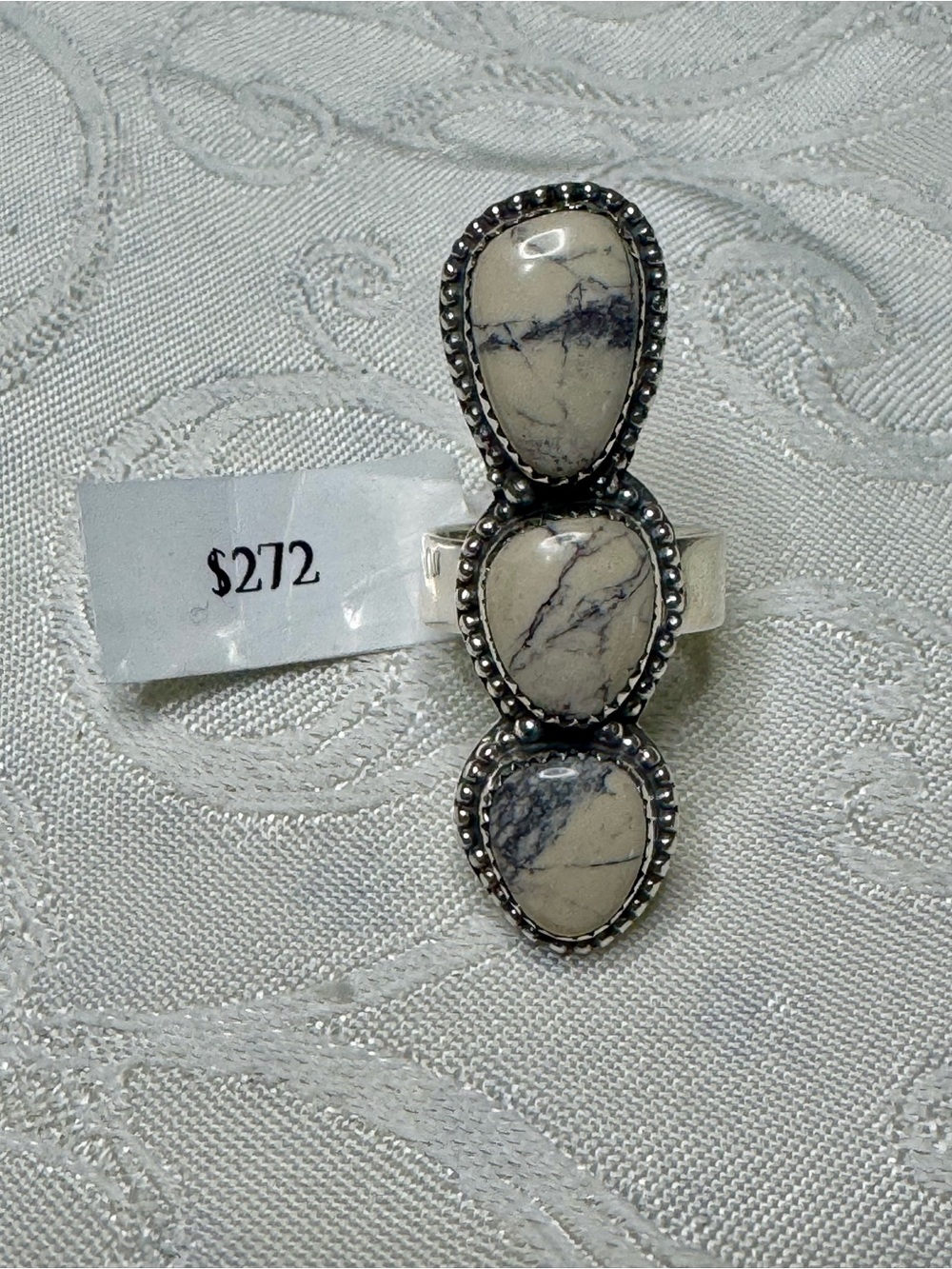 Southwestern Porcelain Jasper Triple Stone Sterling Silver Statement Ring - Picture 6 of 10